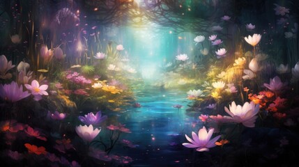  a painting of flowers and a stream in the middle of a forest with a light at the end of the tunnel.