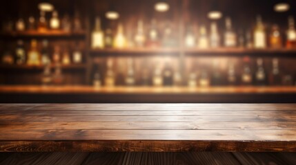  an empty wooden table in front of a bar with bottles on the shelves and lights on the wall in the background.