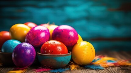  Colorful holi paint in coconut shells on a wooden table with copy space. 