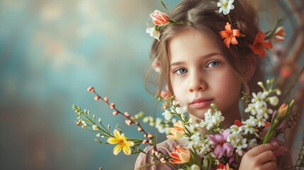 Charming portrait of a girl with a bouquet of spring flowers, celebrating Easter