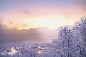 Sunrise above frozen Tornetr&auml;sk lake, Swedish Lappland, Arctic Circle