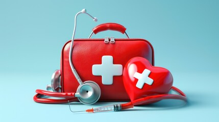 first aid kit bag with check list, stethoscope, syringe, red heart and blood pressure heart rate isolated. health love or world heart day concept, 3d illustration,
