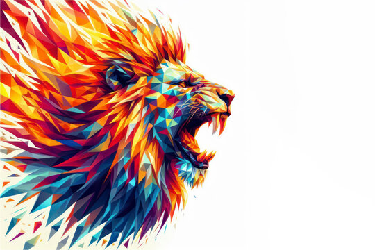 Abstract colorful polygon lion roaring Fierce on fire on a white background. ai generative