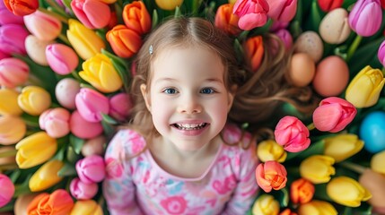 Fototapeta na wymiar Delighted girl surrounded by tulips, showcasing her Easter egg collection