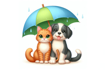 Cute cat and dog sitting under umbrella isolated on solid white background. ai generative