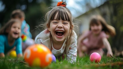 Innocent laughter of a girl enjoying an Easter egg rolling competition with friends