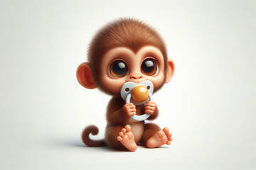 little cute monkey eats from a pacifier on a white background. ai generative