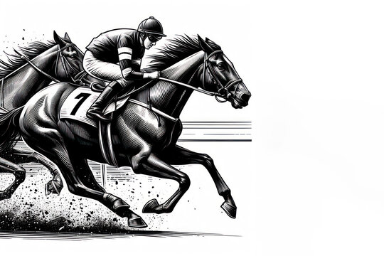 Horse racing illustrations drawing on solid white background. ai generative