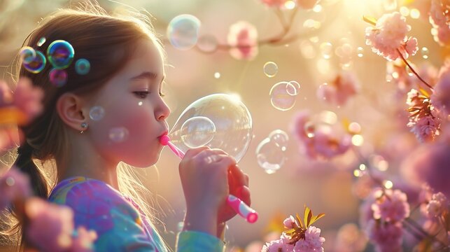 Playful girl blowing bubbles with an Easter-themed bubble wand in a blossoming garden