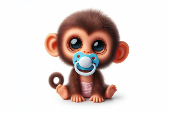 Photo little cute monkey with a pacifier on a white background. ai generative