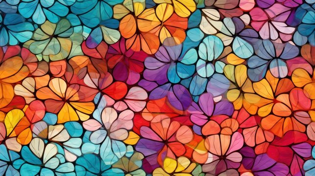  a close up of a multicolored painting of many different shapes and sizes of leaves on a white background.