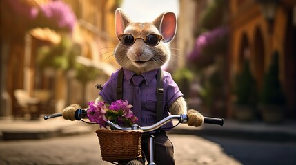 Mouse in purple clothes rides bicycle along old street in town with lilac flowers. Fashion portrait of anthropomorphic animal, carrying out daily human activities