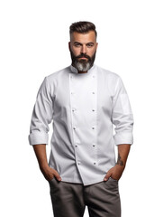 Fototapeta premium Chef uniform mockups with empty copy space to add logos and designs on jackets or high-cuisine uniforms. Models portraying chef on transparent background png