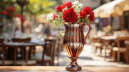  a vase filled with red flowers sitting on top of a wooden table next to a tablecloth covered dining room.