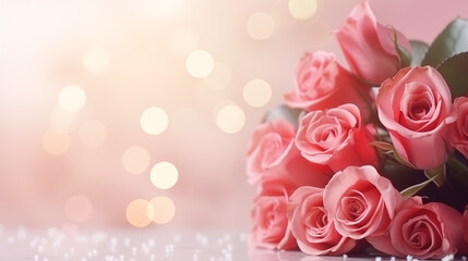 Pink Rose flowers on bokeh light glitter background for love wedding and valentines day with copy space.  love romance background, Surprise Valentine Day