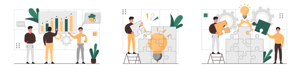 Teamwork and collaboration set. 
People cooperate, help and support each other. Characters discuss new tasks, work in a team, put together a puzzle and create new ideas.Vector illustration.