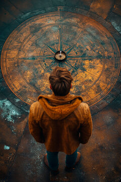 An adventurous young man standing in front of a large compass on the ground