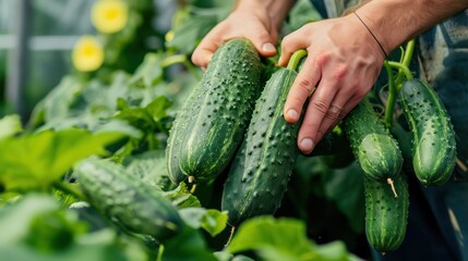 Hands hold cucumbers, Cultivation of agricultural crops of cucumbers in a greenhouse