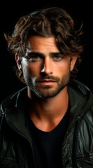 Fototapeta premium Portrait of a handsome man in a leather jacket on a black background