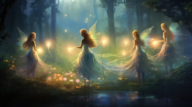  a group of three fairy - like women standing in a forest next to a body of water with lights in their hands.