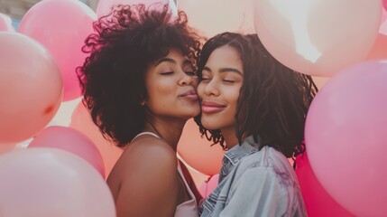  joyous African American lesbian woman shares a tender kiss with her girlfriend amidst a backdrop of pink balloons