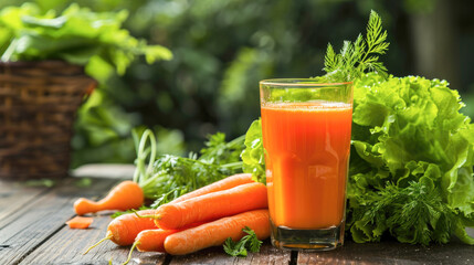 Fresh Carrot Juice and Ingredients on Wooden Surface