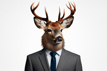 Portrait of a deer wearing a businessman suit and tie isolated on solid white background. ai generative