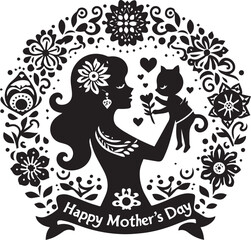 Happy Mothers Day. Create a silhouette of a mother and child embracing, holding hands, or in a happy pose. Make sure the lines are smooth and flowing to convey a sense of warmth and love.