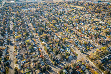 Queen Elizabeth Neighborhood in Fall Aerial View in Saskatoon