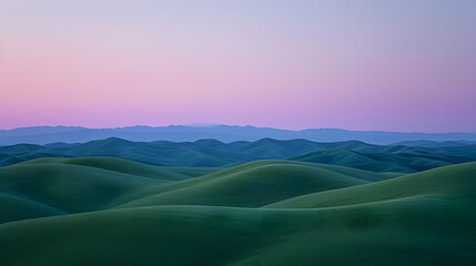 A photo of rolling hills, with a background of gradient skies in neon green and pastel purple,...