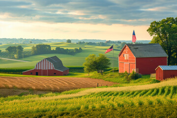 American heartland agriculture, a picturesque image featuring vast fields, red barns, and an American flag against a backdrop of rolling hills. - obrazy, fototapety, plakaty