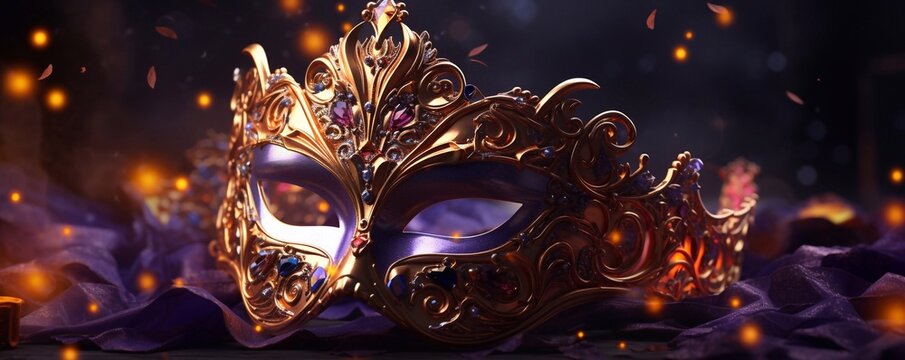 Carnival Party - Mardi Gras Venetian Mask With Abstract Defocused Bokeh Lights - Masquerade Disguise celebration Concept for poster, greeting card, party invitation, banner or flyer