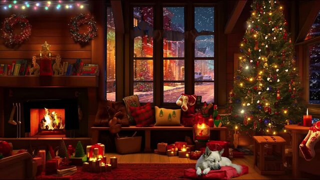 Wooden Cottage with christmas tree decoration and lightings. Decorated home interior during Christmas festival with fireplace.