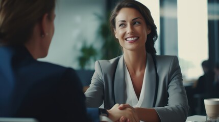 Happy mid aged business woman manager handshaking at office meeting. Smiling female hr hiring recruit at job interview, bank or insurance agent, lawyer making contract deal with client at work - obrazy, fototapety, plakaty