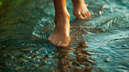 Refreshing Step - Human Feet Stepping in Clear Shallow Stream
