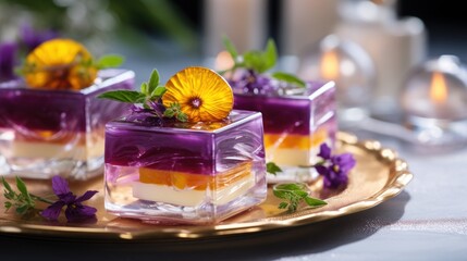 Obraz na płótnie Canvas three small desserts on a gold plate with purple and yellow frosting and flowers on the top of them.