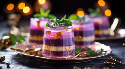  a close up of two desserts on a plate with gold utensils and a candle in the background. - obrazy, fototapety, plakaty