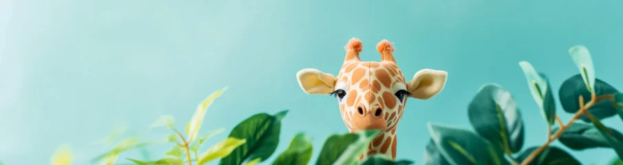 Gordijnen Curious Giraffe - Headshot Against Pastel Blue Background © romanets_v