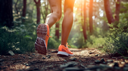 Trail Runner in Action - Close-Up of Shoes on Forest Path