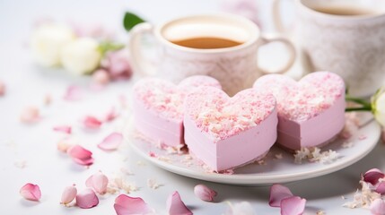  a couple of heart shaped cakes sitting on top of a white plate next to a cup of coffee and flowers.