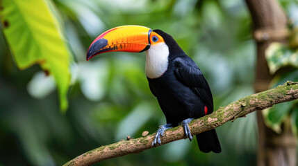 Fototapeta premium Toucan on a Branch - Exotic Bird in Lush Rainforest Setting