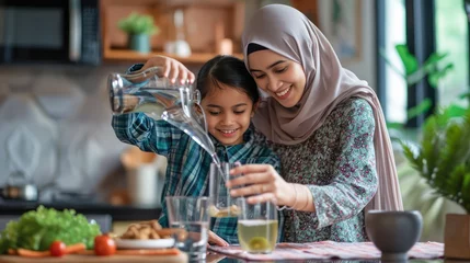 Poster Happy Muslim mother pours water into daughter's glass during family meal at home. © Andrey