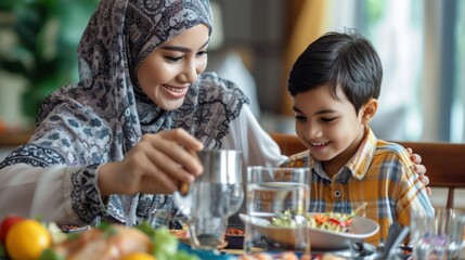 Happy Muslim mother pours water into daughter's glass during family meal at home.