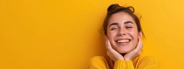 Caucasian Female Happy Yellow Background Beautiful Person Generative AI