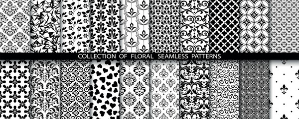 Geometric floral set of seamless patterns. White and black vector backgrounds. Damask graphic ornaments.