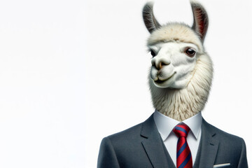 Portrait of a llama wearing a businessman suit and tie isolated on solid white background. ai generative