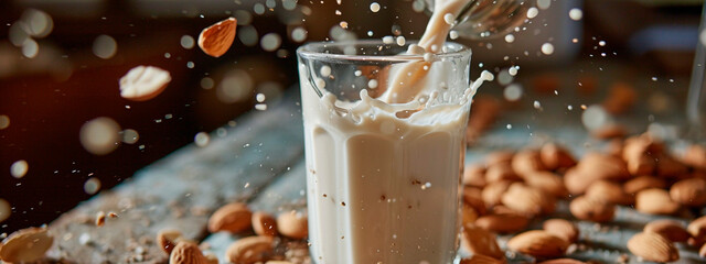 Almond milk in a glass. Selective focus. - obrazy, fototapety, plakaty