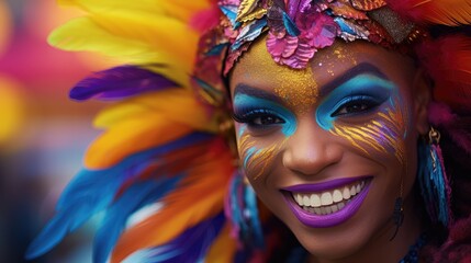 Fototapeta premium Vivid Carnival Queen with Blue Feather Headdress and Sparkling Makeup - Generative AI