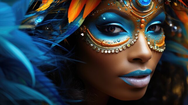 Vivid Carnival Queen with Blue Feather Headdress and Sparkling Makeup - Generative AI