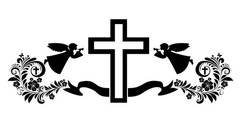 Cross with Angel. Ascension Day. Stock illustration in white and black colors. Symbol of Religion. Suitable for greeting card, poster, celebrating card, banner, background, social media.